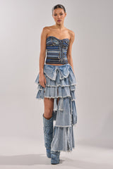 DISTRESSED TIERED ASYMMETRIC MIDI SKIRT