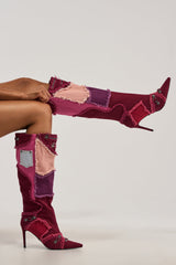 AKIRA GOLD AETHERA PINK MULTI PATCHWORK DENIM STILETTO BOOT