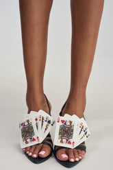 AKIRA GOLD BELLEROSE BLACK MULTI RHINESTONE PLAYING CARD SANDAL
