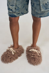 AKIRA GOLD DELULU TAUPE FUR LACE FLAT SLIPPER