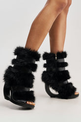 AZALEA WANG ELIANA BLACK FUR OPEN TOE WEDGE BOOTIE