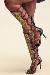 AZALEA WANG INDRANI HIGH SHAFT YELLOW SNAKE PRINT GLADIATOR SANDAL