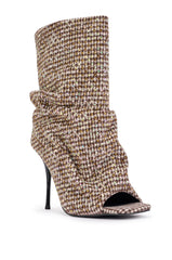 AKIRA GOLD JANINE BLACK AND WHITE RHINESTONE PATTERN STILETTO OPEN TOE BOOTIE