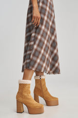 AZALEA WANG LAROUSSE CAMEL FAUX SUEDE SHEARLING BLOCK BOOTIE