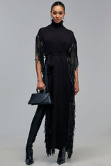 CHEYENNE FAUX BLACK LEATHER FRINGE BELTED SWEATER