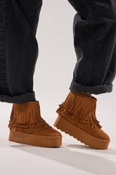 AKIRA BROWN FAUX SUEDE FRINGE BOOTIE