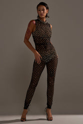 COULD NEVER BE ME BEADED MESH JUMPSUIT