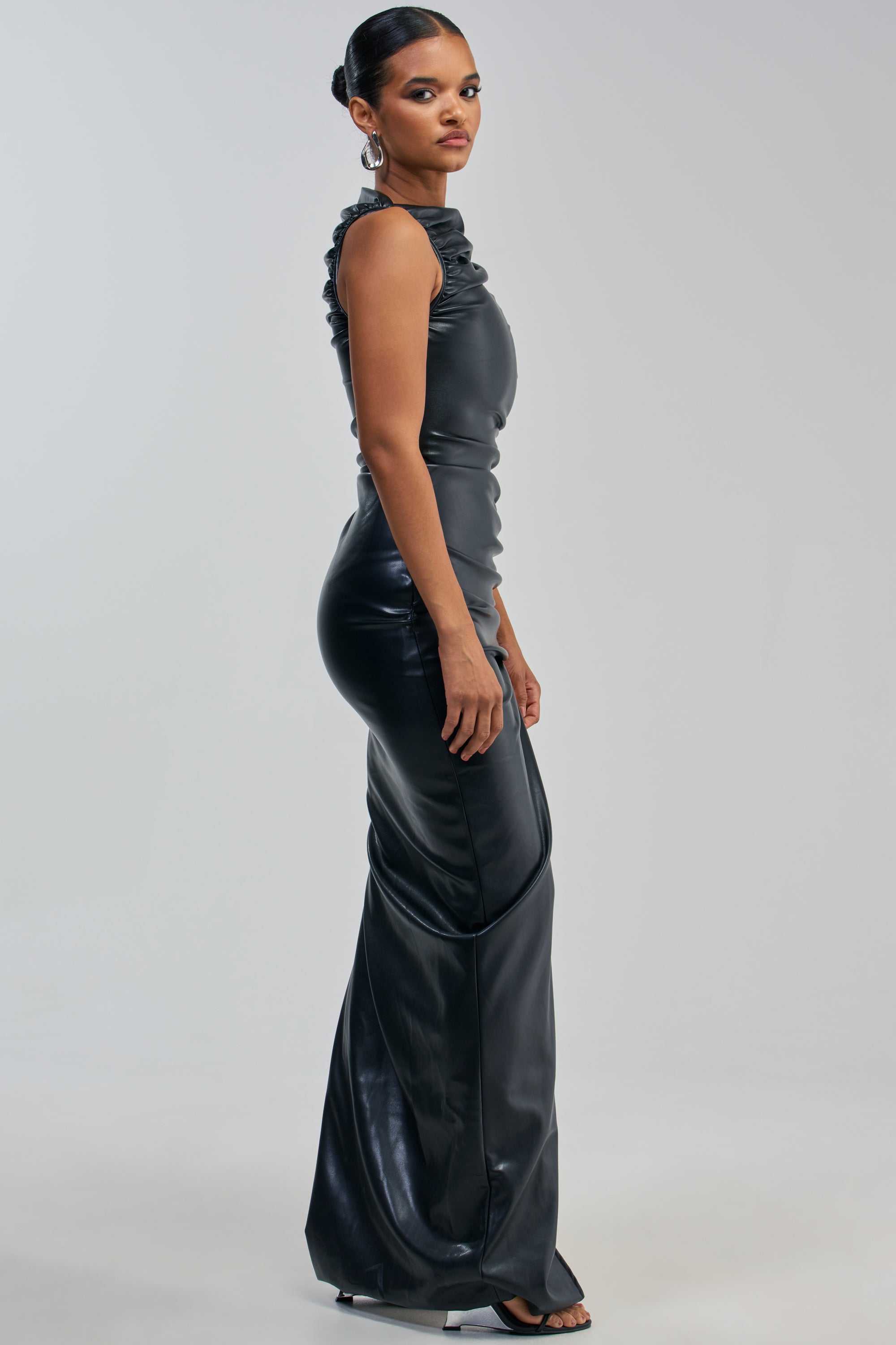 DATE NIGHT NEEDED PU MAXI DRESS IN BLACK