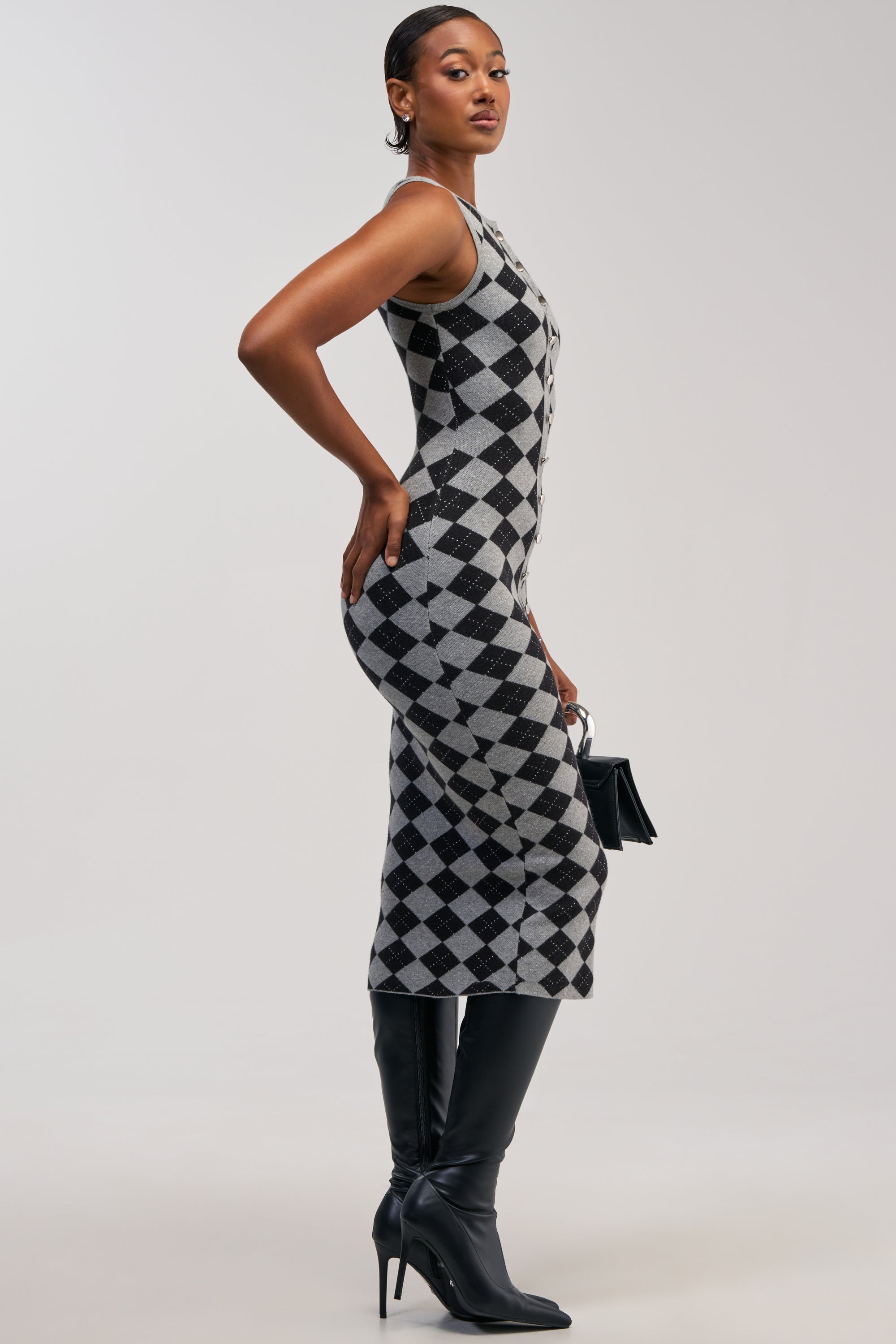 CLASSY BITCH KNIT ARGYLE SWEATER DRESS