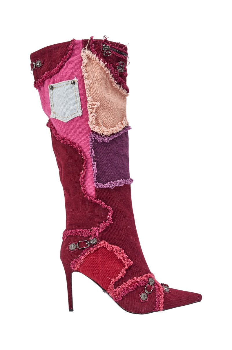 AKIRA GOLD AETHERA PINK MULTI PATCHWORK DENIM STILETTO BOOT