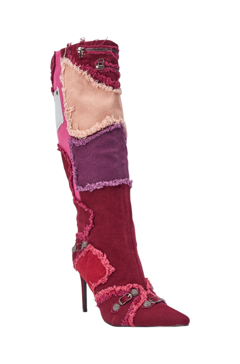AKIRA GOLD AETHERA PINK MULTI PATCHWORK DENIM STILETTO BOOT
