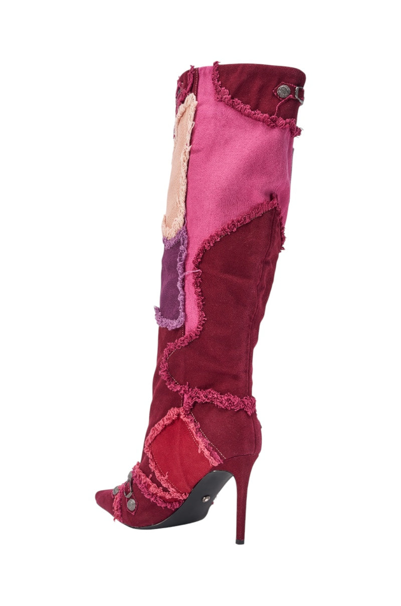 AKIRA GOLD AETHERA PINK MULTI PATCHWORK DENIM STILETTO BOOT
