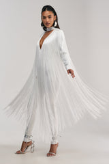 BELLE BANDAGE JUMPSUIT WITH FRINGE IN WHITE