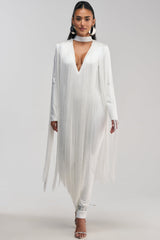 BELLE BANDAGE JUMPSUIT WITH FRINGE IN WHITE