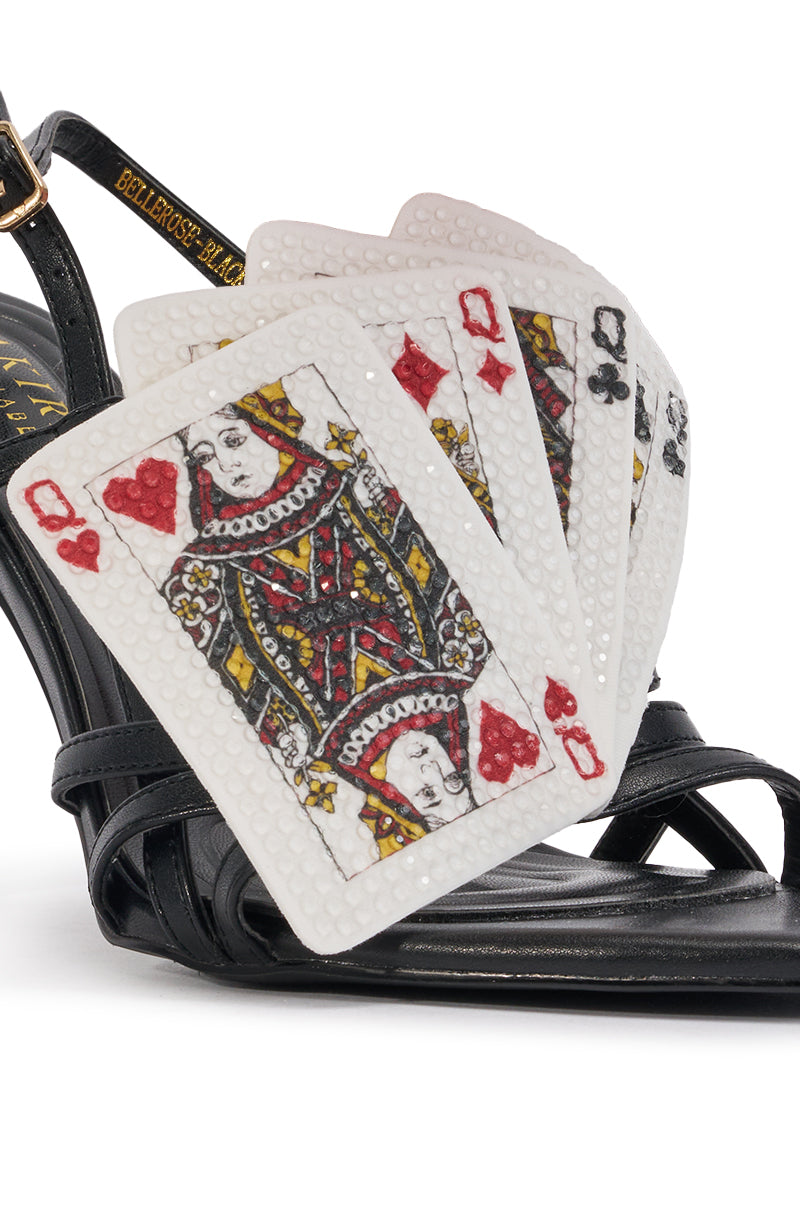 AKIRA GOLD BELLEROSE BLACK MULTI RHINESTONE PLAYING CARD SANDAL