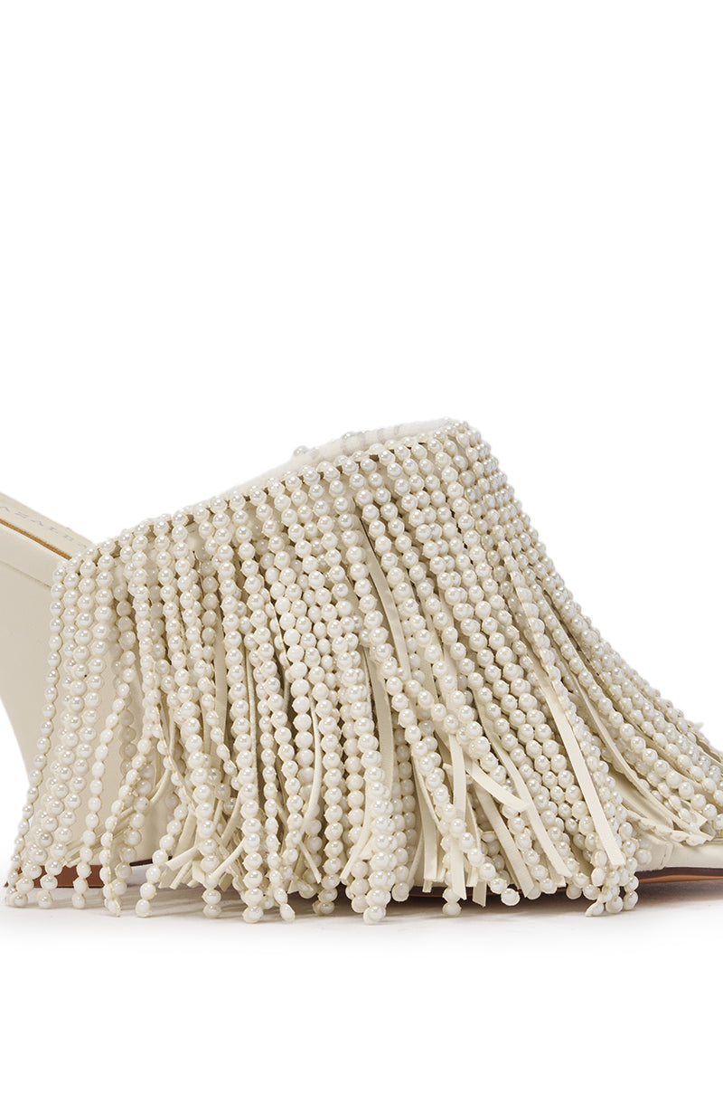 AZALEA WANG BRIELLE BONE PEARL FRINGE WEDGE SANDAL
