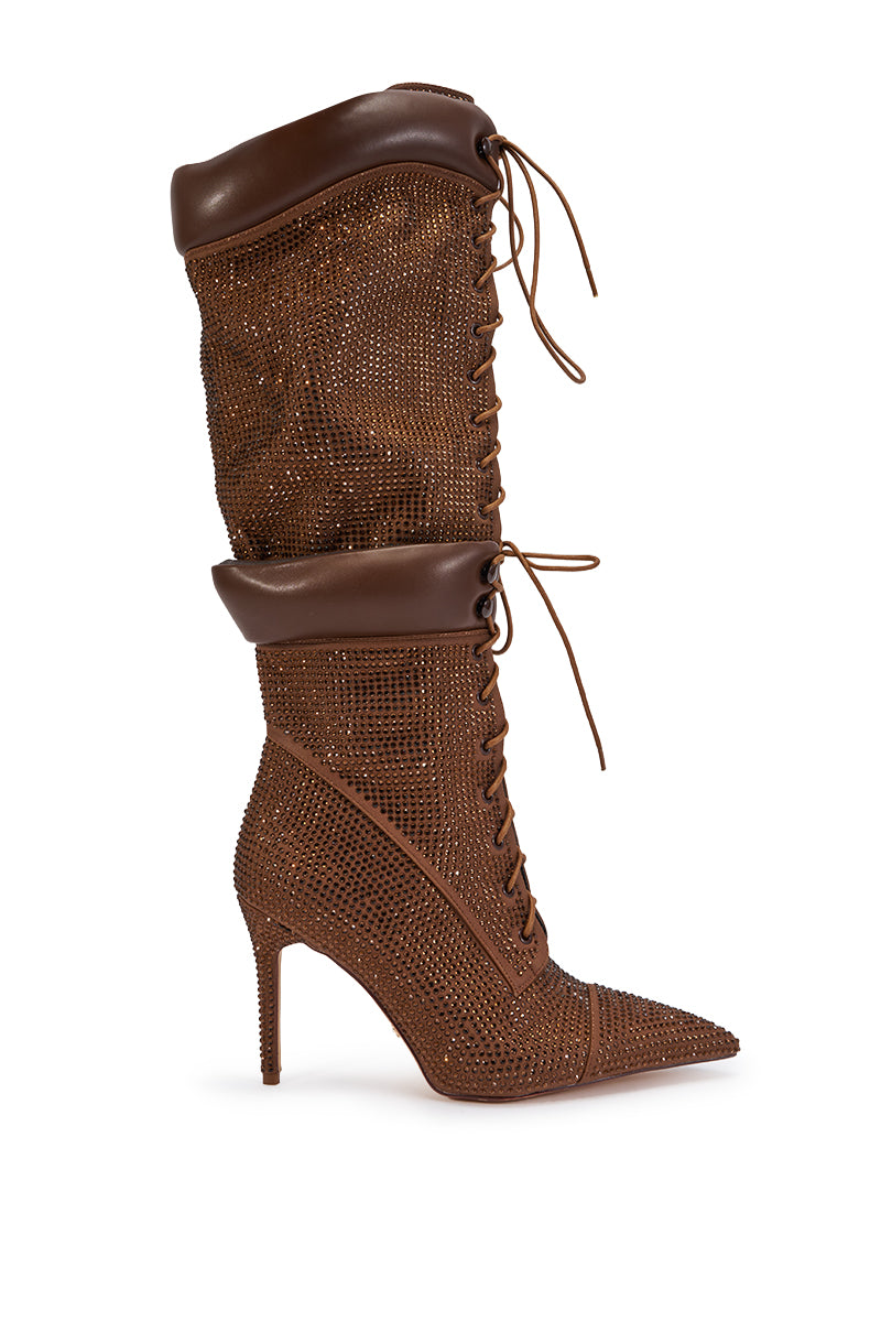 AKIRA GOLD CALANTHIS BROWN RHINESTONE STILETTO LACE UP BOOT