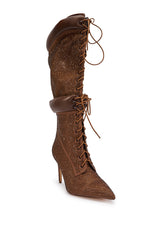 AKIRA GOLD CALANTHIS BROWN RHINESTONE STILETTO LACE UP BOOT