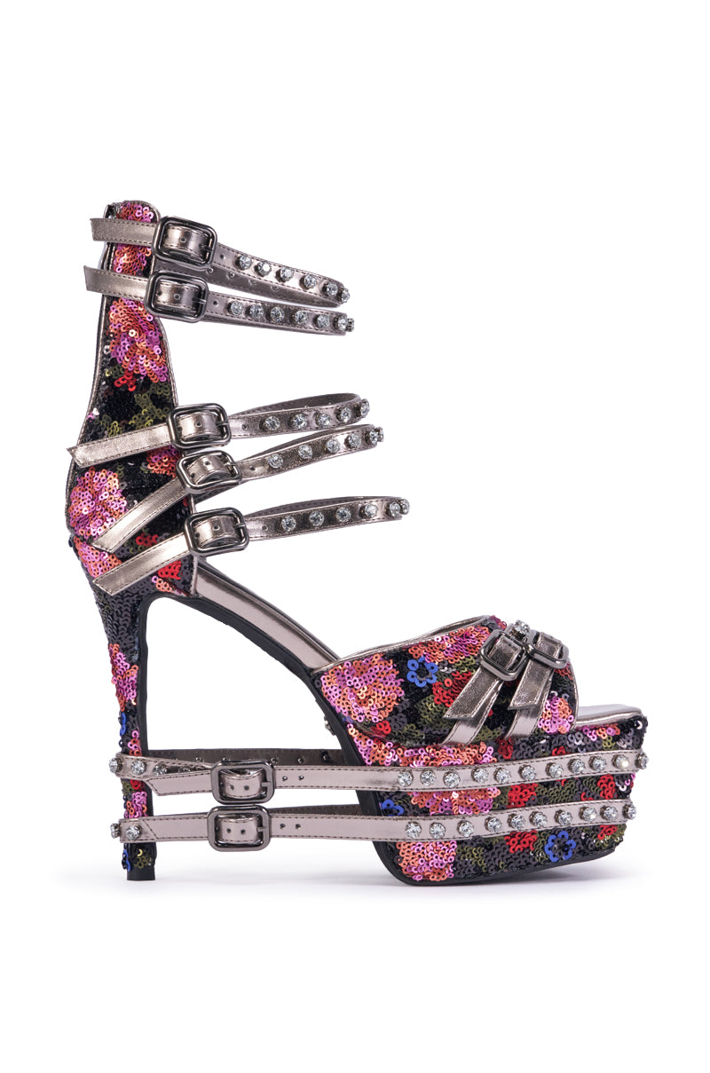 AKIRA CRUSHIN MULTI SEQUIN FLORAL AND GUNMETAL EMBELLISHED STILETTO SANDAL