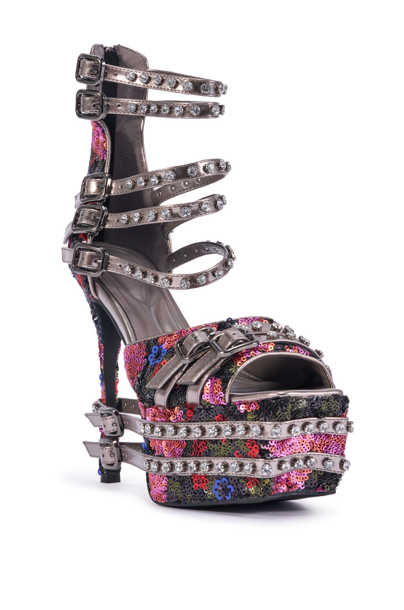 AKIRA CRUSHIN MULTI SEQUIN FLORAL AND GUNMETAL EMBELLISHED STILETTO SANDAL