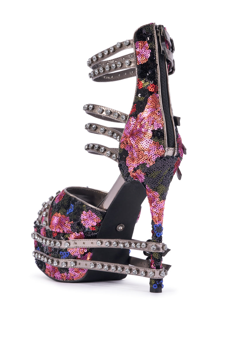 AKIRA CRUSHIN MULTI SEQUIN FLORAL AND GUNMETAL EMBELLISHED STILETTO SANDAL