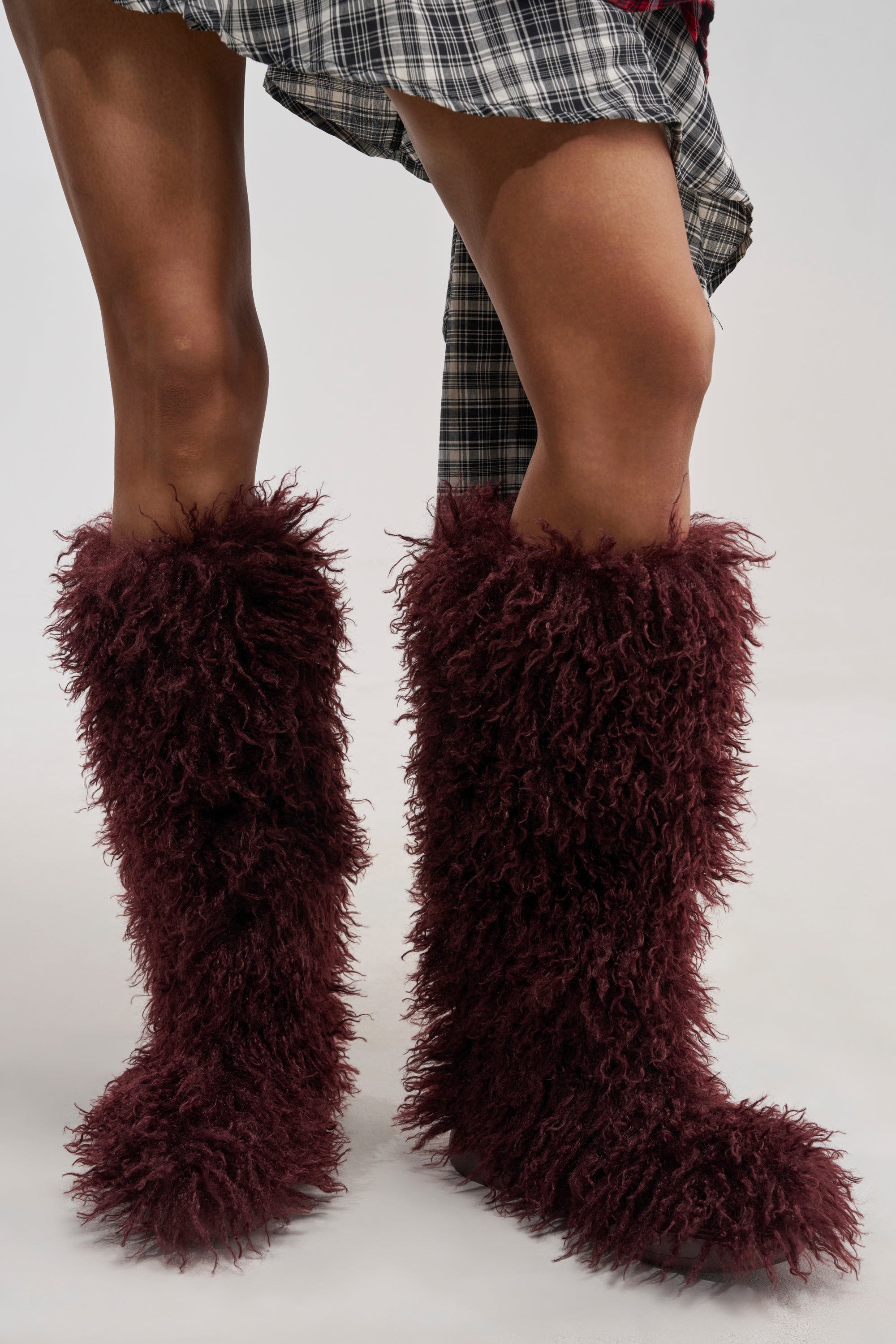 AZALEA WANG DENTON BURGUNDY KNEE HIGH FLAT FUR BOOT