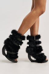 AZALEA WANG ELIANA BLACK FUR OPEN TOE WEDGE BOOTIE