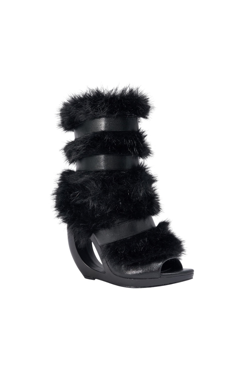 AZALEA WANG ELIANA BLACK FUR OPEN TOE WEDGE BOOTIE