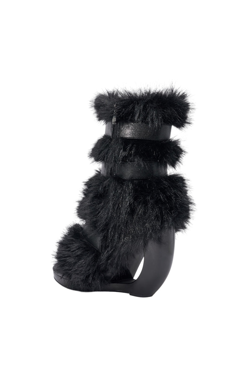 AZALEA WANG ELIANA BLACK FUR OPEN TOE WEDGE BOOTIE