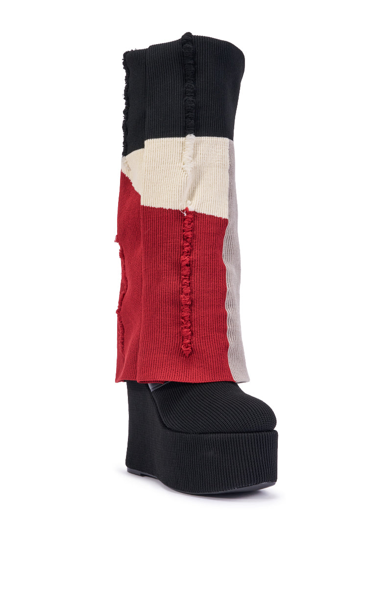 AZALEA WANG FRANKEYE RED MULTI FLATFORM COLORBLOCKED KNIT BOOT