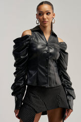 CRAZY IN LOVE BLACK FAUX LEATHER BUTTON DOWN BLOUSE