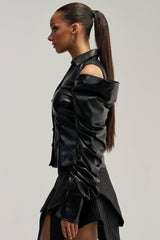 CRAZY IN LOVE BLACK FAUX LEATHER BUTTON DOWN BLOUSE