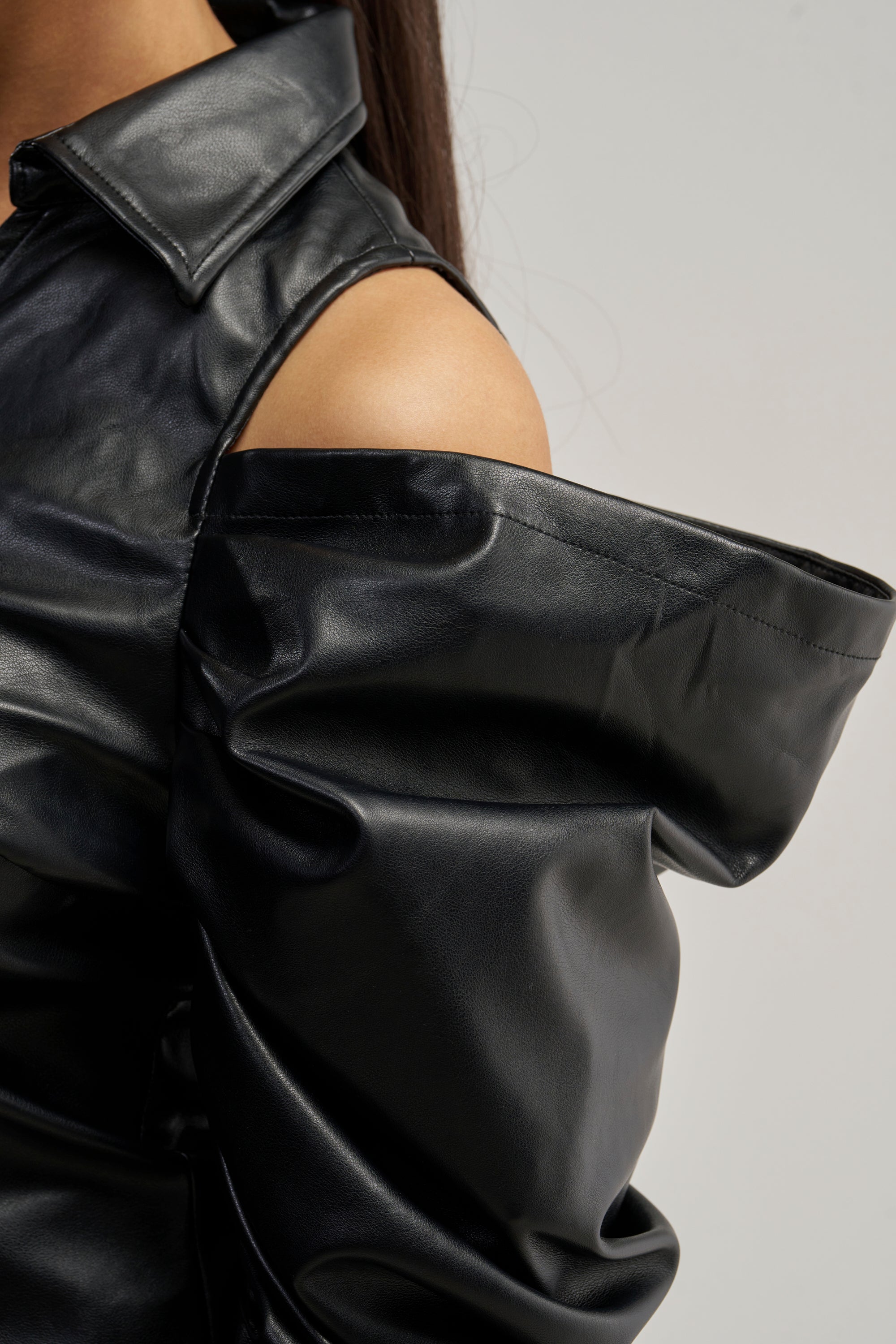 CRAZY IN LOVE BLACK FAUX LEATHER BUTTON DOWN BLOUSE