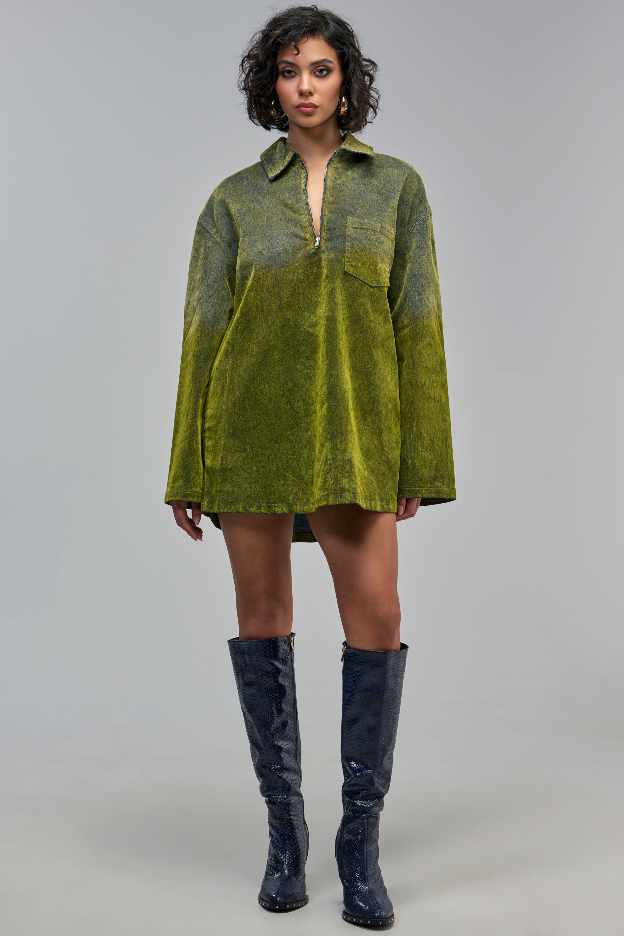 COOL GIRL OVERSIZED VELVET DENIM SHIRT DRESS IN GREEN