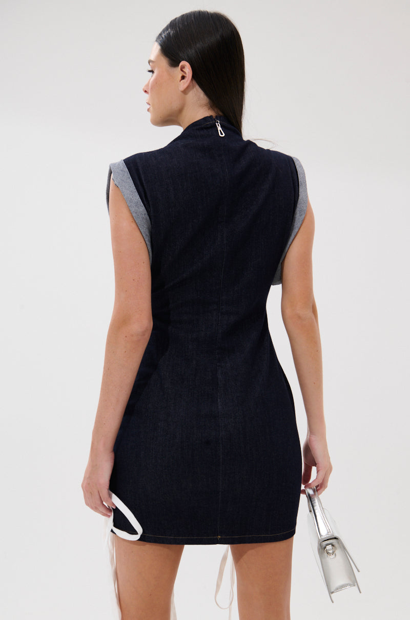 ALL ABOUT IT LACE UP MINI DRESS IN DENIM
