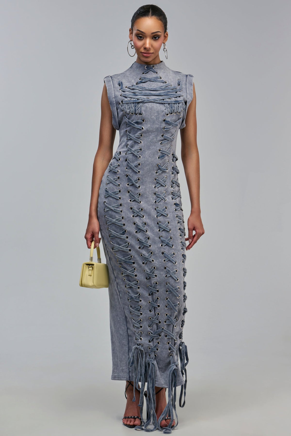 ALL ABOUT IT LACE UP MAXI DRESS IN MEDIUM BLUE DENIM