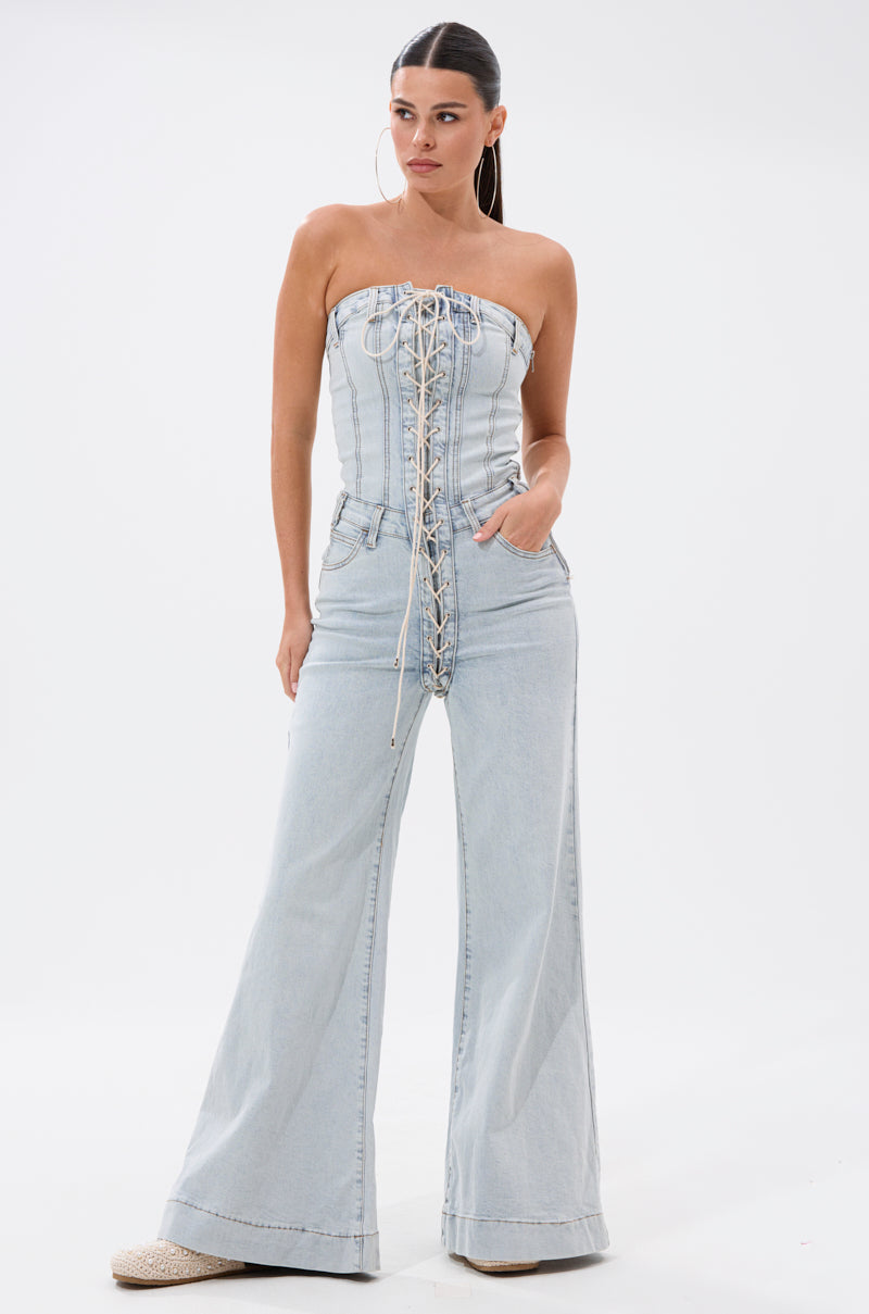 ALL IN THE DETAILS DENIM LACE UP JUMPSUIT