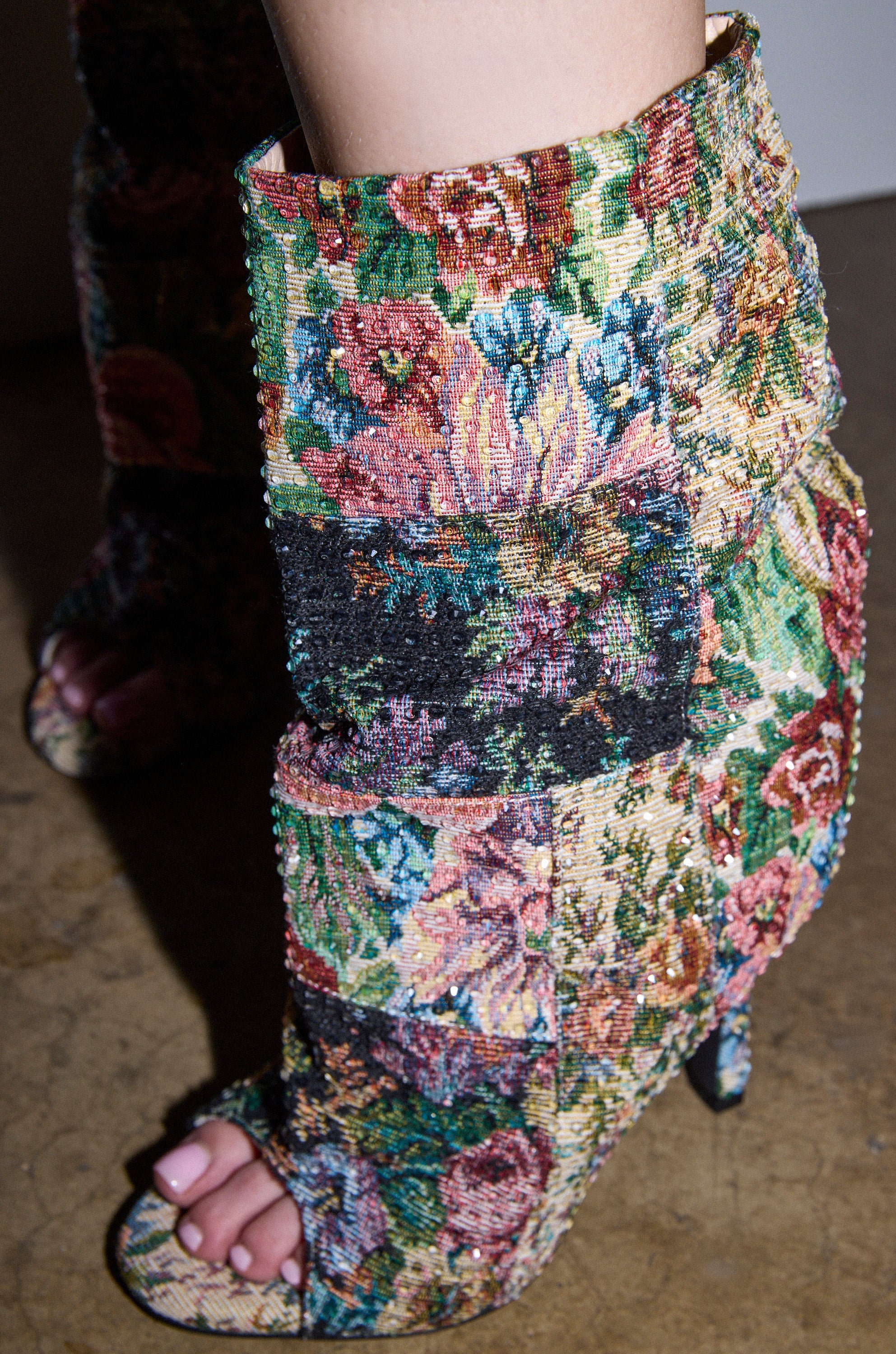 AZALEA WANG JONICE FLORAL RHINESTONE EMBELLISHED OPEN TOE BOOTIE
