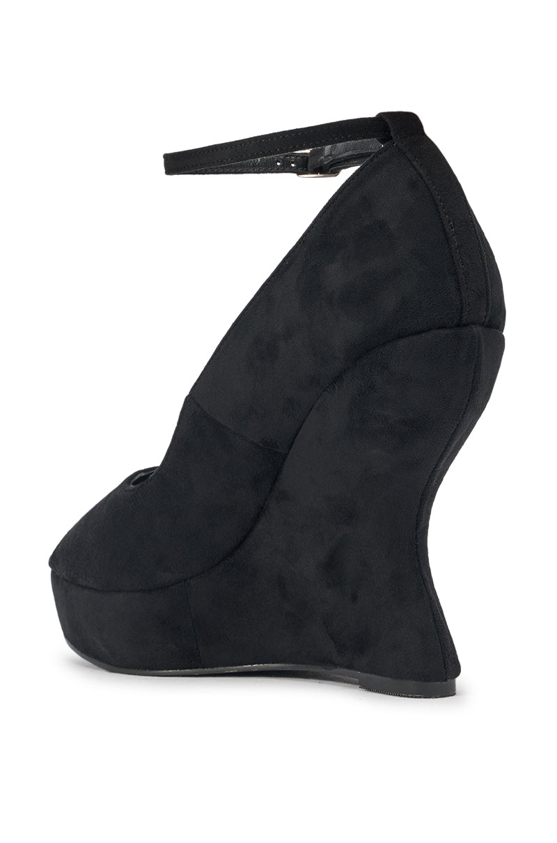 AZALEA WANG KATRINA BLACK FAUX SUEDE WEDGE PEEP TOE PUMP