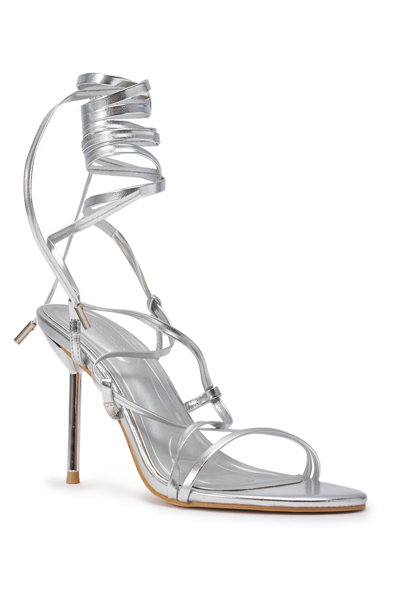 AZALEA WANG KATRIONA SILVER PATENT METAL HEEL LACE UP SANDAL