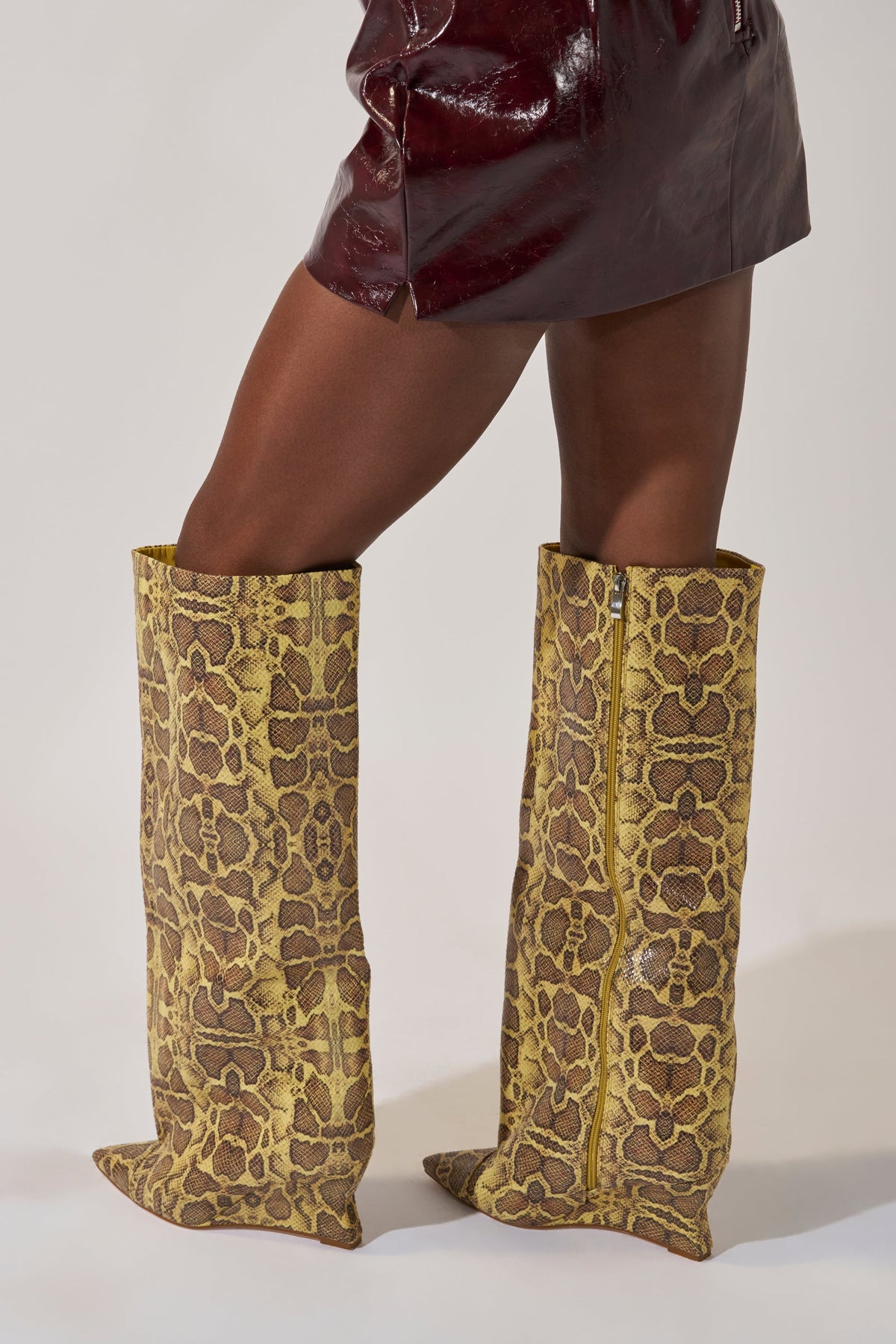 AZALEA WANG KENYA YELLOW SNAKE PRINT KNEE HIGH WEDGE BOOT