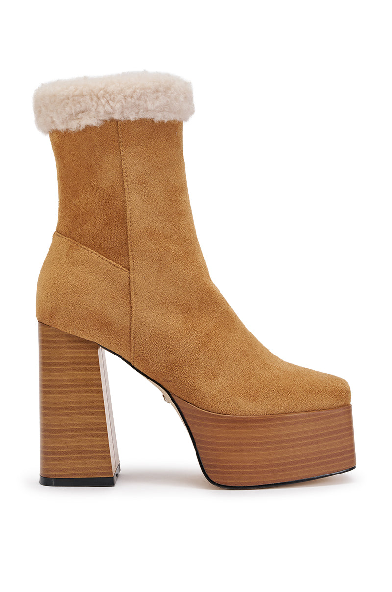 AZALEA WANG LAROUSSE CAMEL FAUX SUEDE SHEARLING BLOCK BOOTIE