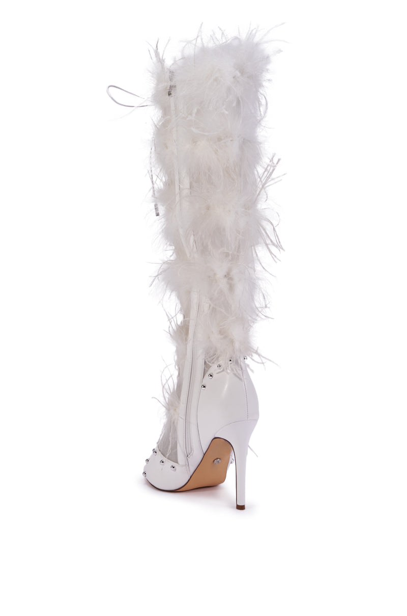 AKIRA GOLD LUMIELLE WHITE FEATHER STILETTO BOOT