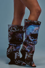 AKIRA GOLD NINE LIVES GRAPHIC OPEN TOE WEDGE BOOT