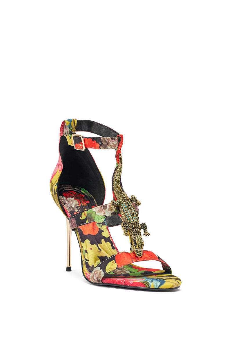 AKIRA GOLD REPTILIAN MULTISATIN STRAP STILETTO SANDAL