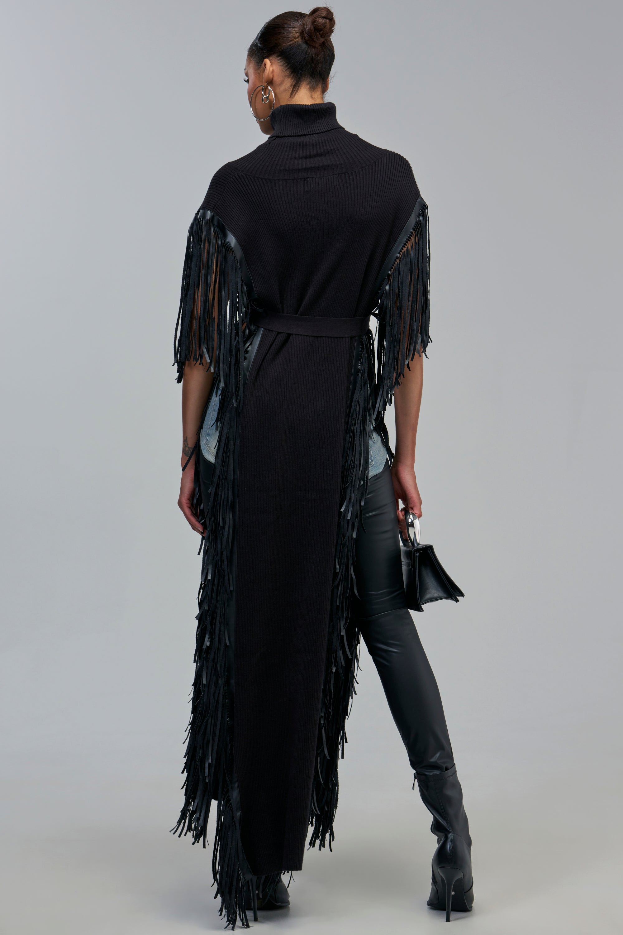 CHEYENNE FAUX BLACK LEATHER FRINGE BELTED SWEATER