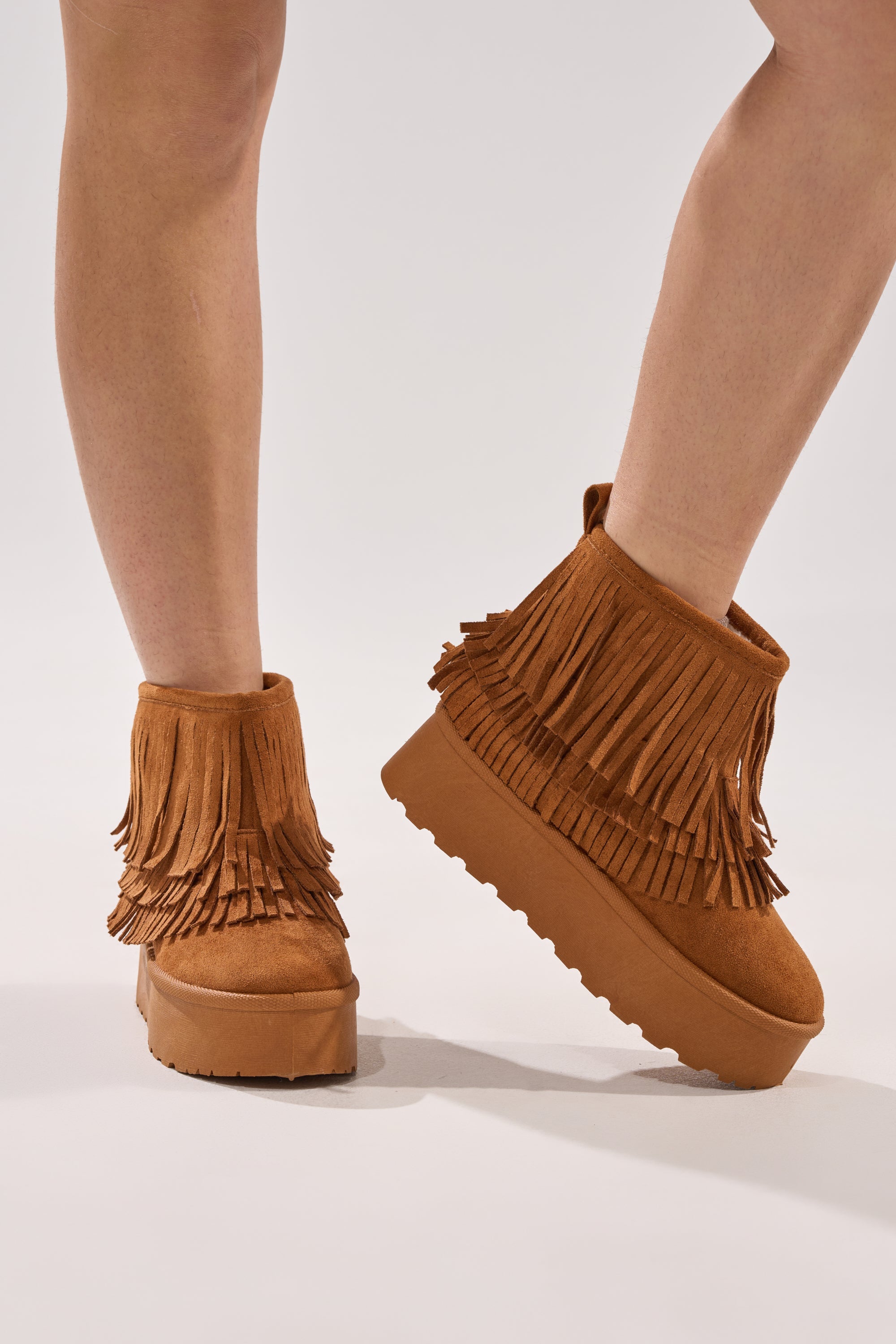 AKIRA BROWN FAUX SUEDE FRINGE BOOTIE