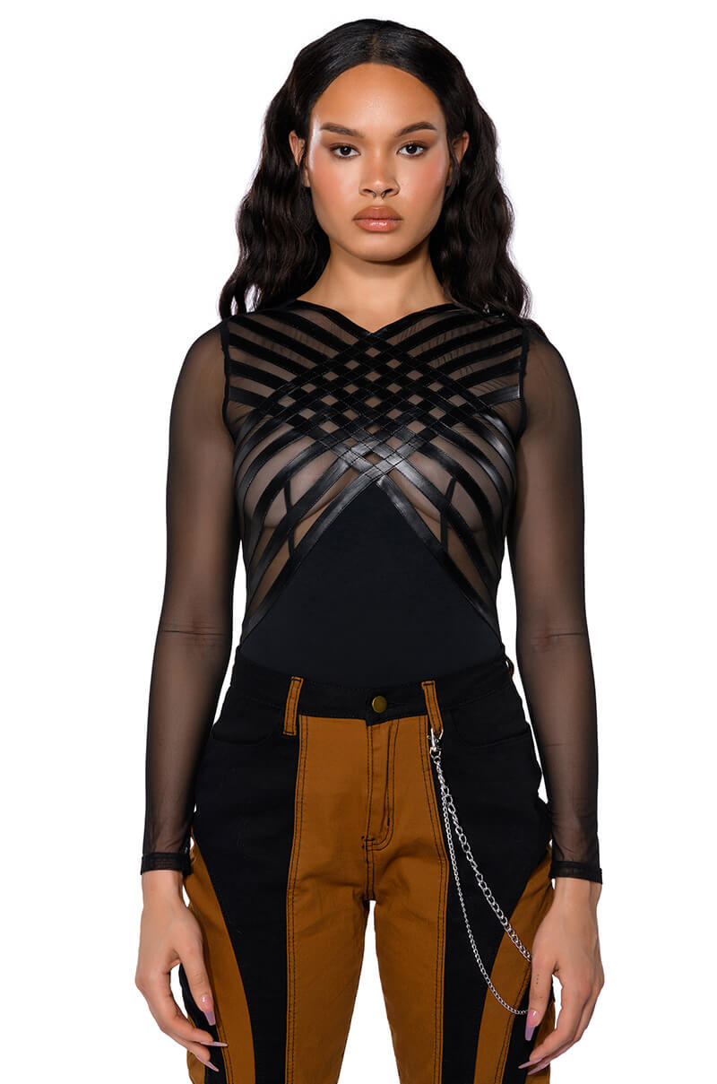AFTER DARK FAUX LEATHER PANEL LONG SLEEVE MESH BODYSUIT