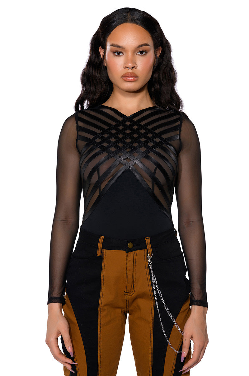 AFTER DARK FAUX LEATHER PANEL LONG SLEEVE MESH BODYSUIT