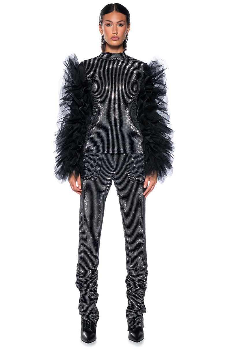 AFTER HOURS RHINESTONE EMBELLISHED TULLE SLEEVE TOP IN BLACK